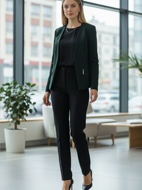 Premise Women's Dark Green Open-Front Blazer with Zip Accents